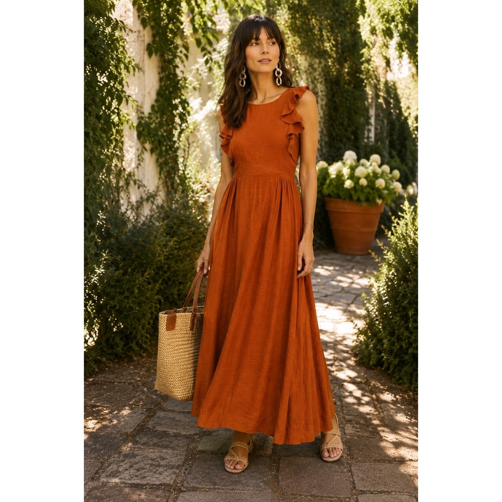 Anthropologie The‎ Odells Rust Ruffle Maxi Dress Boho Autumn Wedding Guest Sz XL